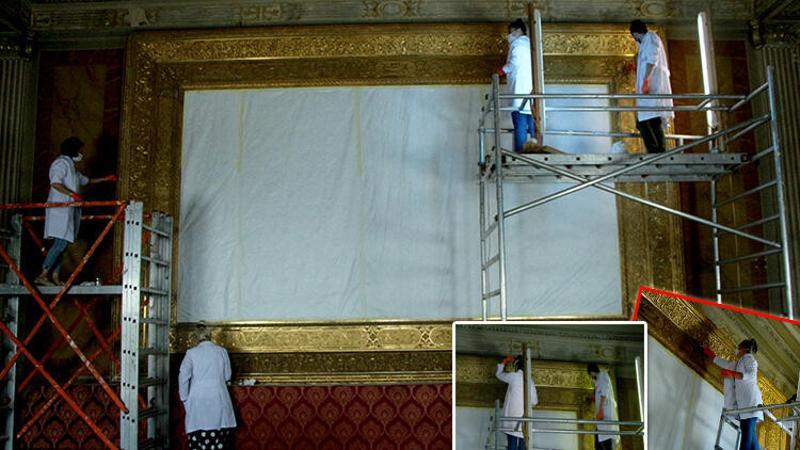 Dolmabahçe Sarayı'ndaki en büyük altın varak çerçeveli tablo restorasyonda
