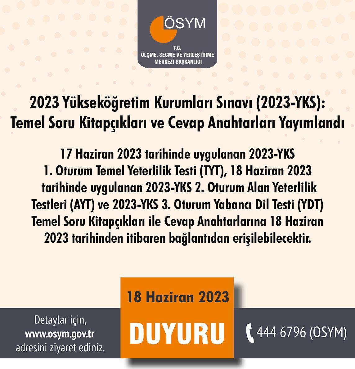 YKS CEVAP ANAHTARI Sorgula 2023 | 17-18 Haziran YKS (AYT-TYT-YDT ...