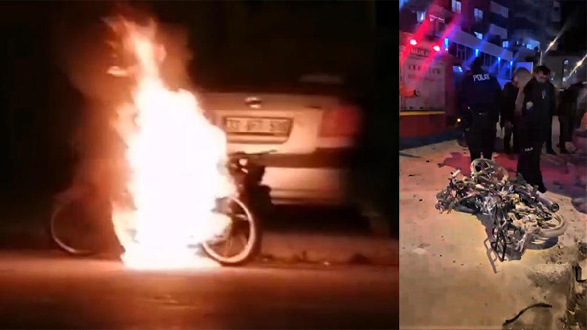 Motosiklet sokak ortasında alev alev yandı
