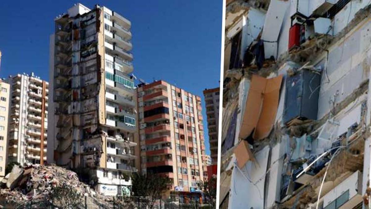 Yarısı yıkılan binanın 11’inci katında buzdolabı asılı kaldı