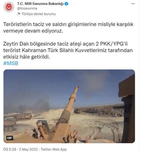 MSB: PKK/YPG’li 2 terörist etkisiz hale getirildi