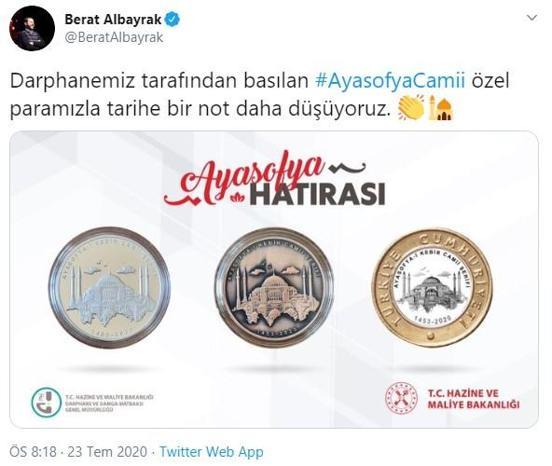 Son dakika haberi: Bakan Albayrak paylaştı İşte Ayasofya Camii için basılan özel para…