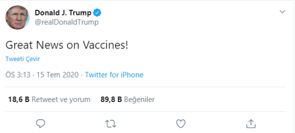 Trumptan heyecanlandıran aşı tweeti