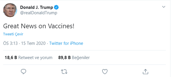 Trump'tan heyecanlandıran aşı tweeti