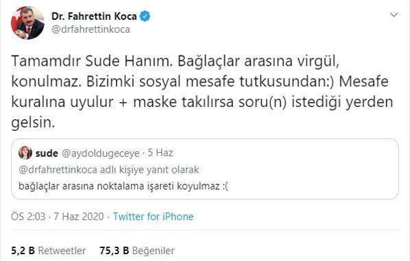 Bakan Koca takipÃ§isine yanÄ±t verdi: TamamdÄ±r Sude HanÄ±mâ€¦