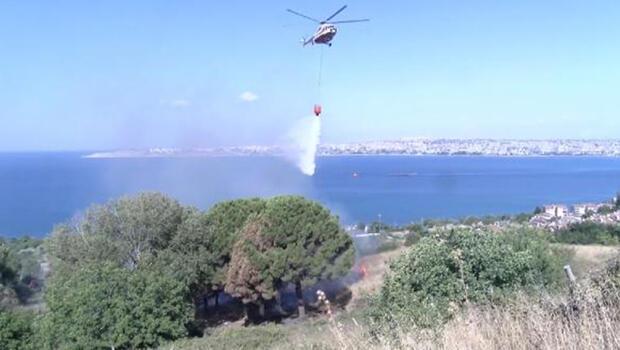 Büyükçekmece'de otluk alandaki yangına helikopterli müdahale
