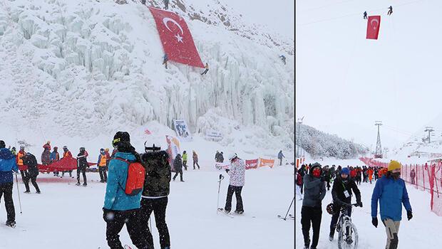 Gara Şehitleri anısına Palandöken'in zirvesine Türk bayrağı astılar