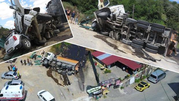 Kamyon otomobilin üzerine devrildi! 30 saniye ile ölümden döndü