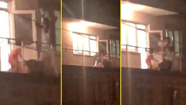 Kadına şiddet kamerada! Çocuklarının gözü önünde eşini dövdü