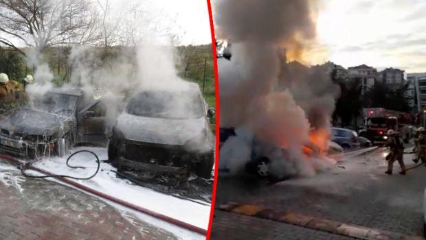 Maltepe'de sitede korku dolu anlar: 3 otomobil küle döndü