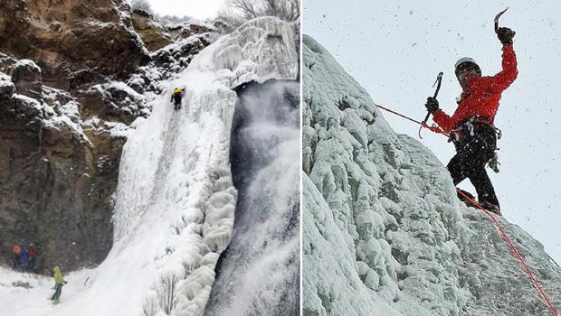 Yüzeyi buz tutan Susuz Şelalesi'ne tırmandılar