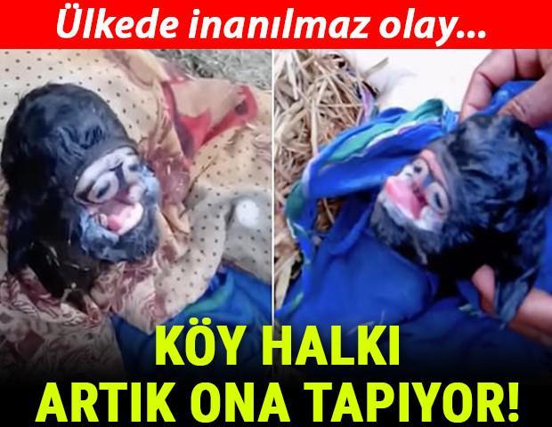 Hindistan’da inanılmaz olay Burunsuz doğan oğlağa tapıyorlar