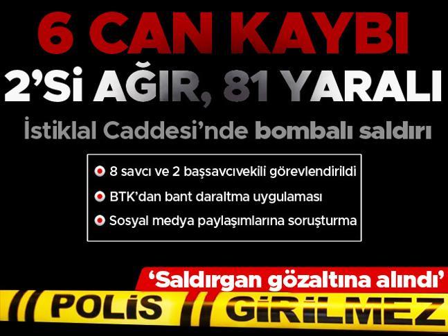 Son dakika: İstiklal Caddesinde bombalı saldırı... 6 kişi hayatını kaybetti, 2si ağır 81 kişi yaralandı Bakan Soylu: Saldırgan gözaltına alındı