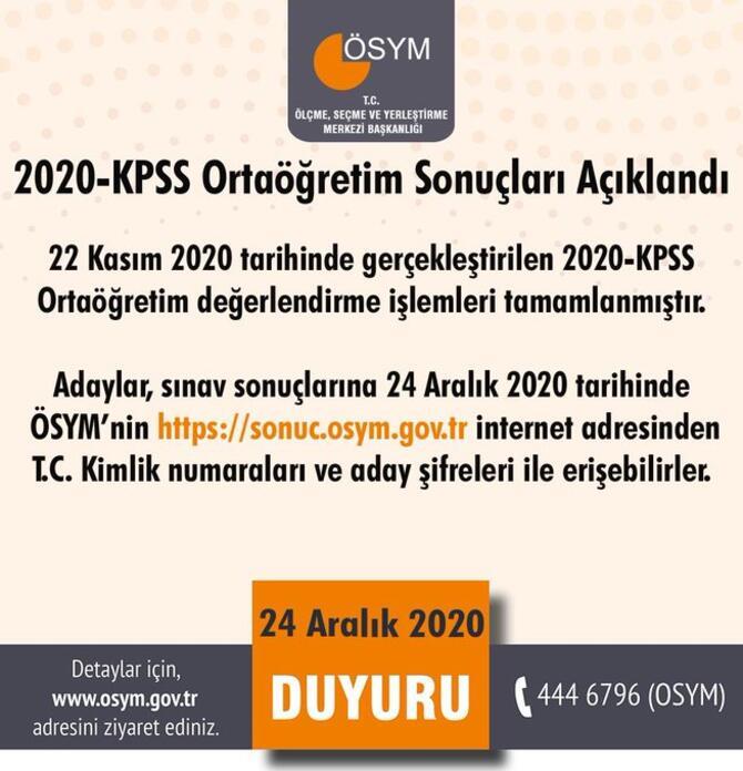 KPSS ortaöğretim sonuçları ÖSYM tarafından açıklandı KPSS 2020 sonuç sorgulama ekranı