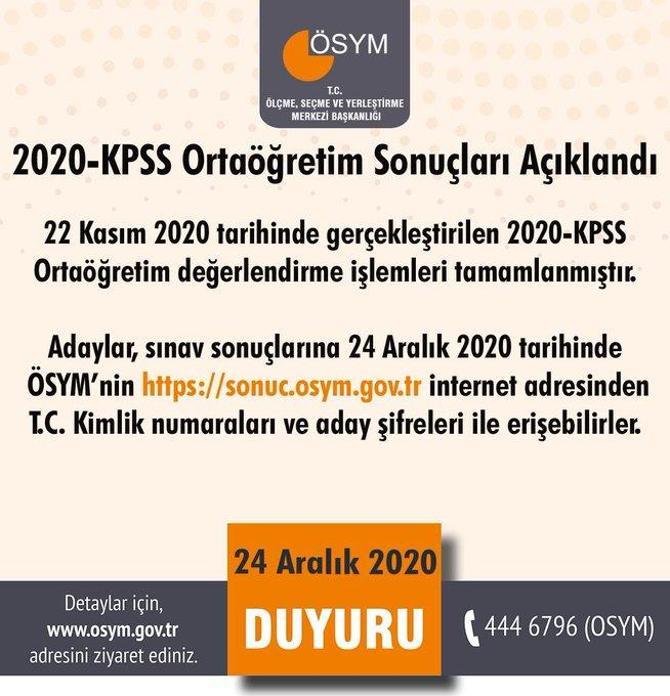 KPSS ortaöğretim sonuçları ÖSYM tarafından açıklandı KPSS 2020 sonuç sorgulama ekranı