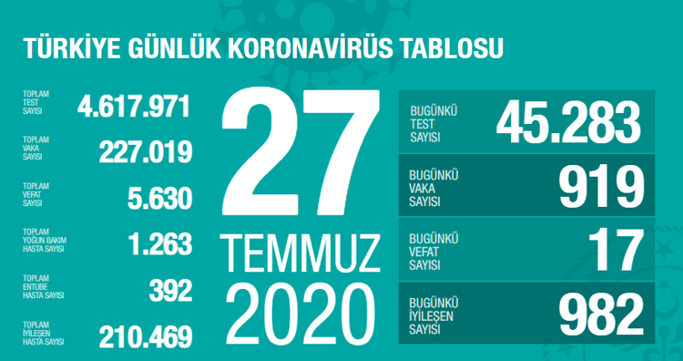 TÜRKİYE KORONAVİRÜS TABLOSU