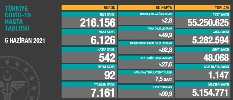5 HAZİRAN CORONA VİRÜS TABLOSU