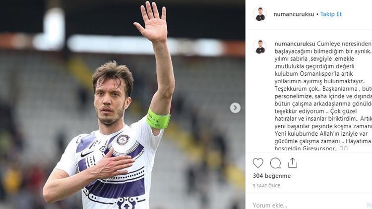 Numan Çürüksu'dan Osmanlıspor'a veda