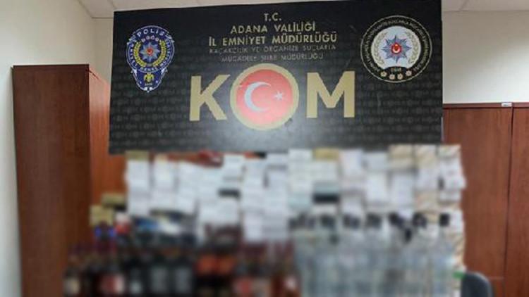 Adana'da Mısır Çarşısı'ndaki dükkanda kaçak içki ve sigaralar bulundu