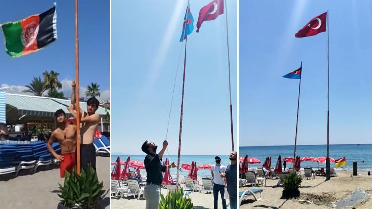 Alanya plajında tepki çeken videonun ardından Türk ve Azerbaycan bayrağı çekildi