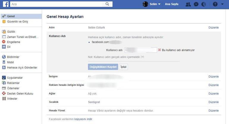 Facebook kullanıcı adı değiştirme hilesi