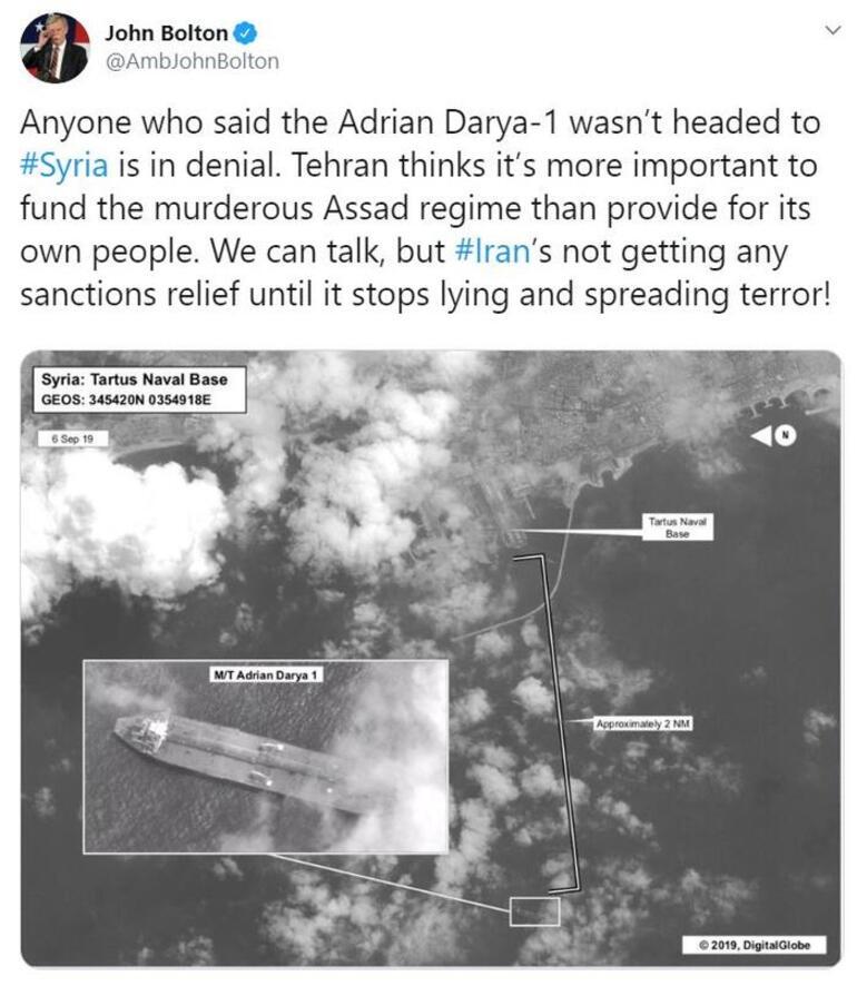 John Bolton, Adrian Darya gemisine ait olduğunu iddia ettiği uydu fotoğrafını paylaştı