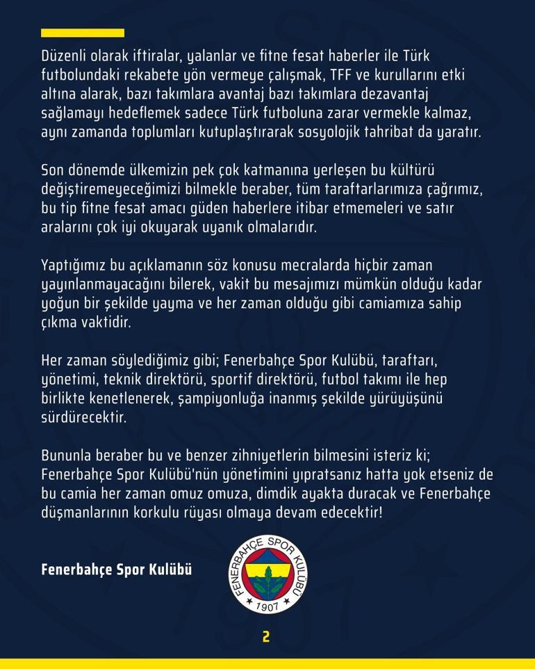 Fenerbahçe'den açıklama: "Fitne ve fesatçılara açık mesajımızdır"