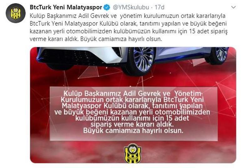 Yeni Malatyaspor 15 yerli otomobil siparişi verdi