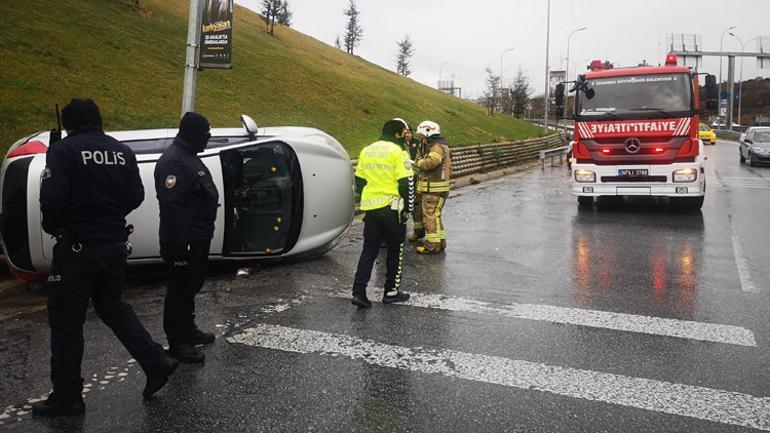 Pendikte takla atan araçta sıkışan kadını itfaiye kurtardı