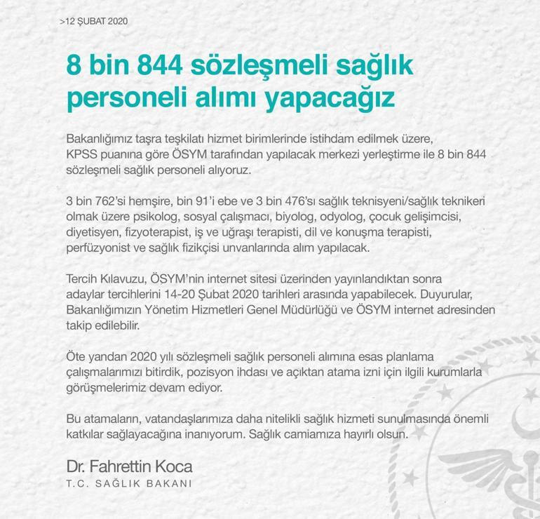 Son dakika... Sağlık Bakanı Koca duyurdu: 8 bin 844 sözleşmeli personeli alıyoruz