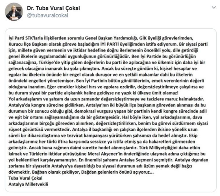 İYİ Parti Antalya Milletvekili Tuba Vural Çokal, partisinden istifa ettiğini duyurdu