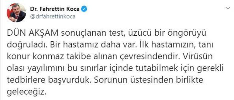 Son dakika haberi: Sağlık Bakanı Fahrettin Koca duyurdu... Corona virüslü bir hastamız daha var