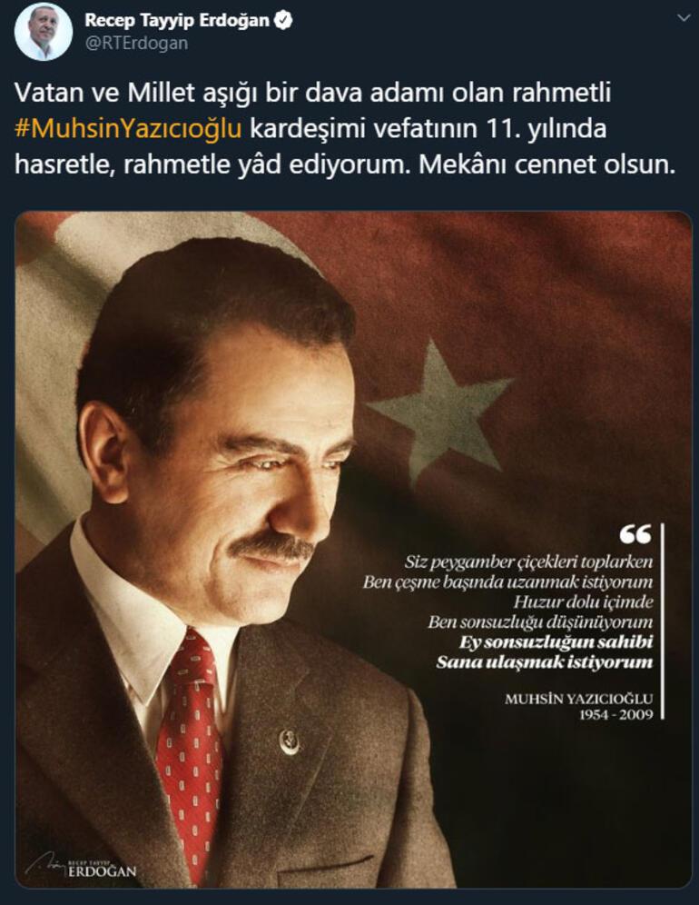 Cumhurbaşkanı Erdoğandan Muhsin Yazıcıoğlu paylaşımı