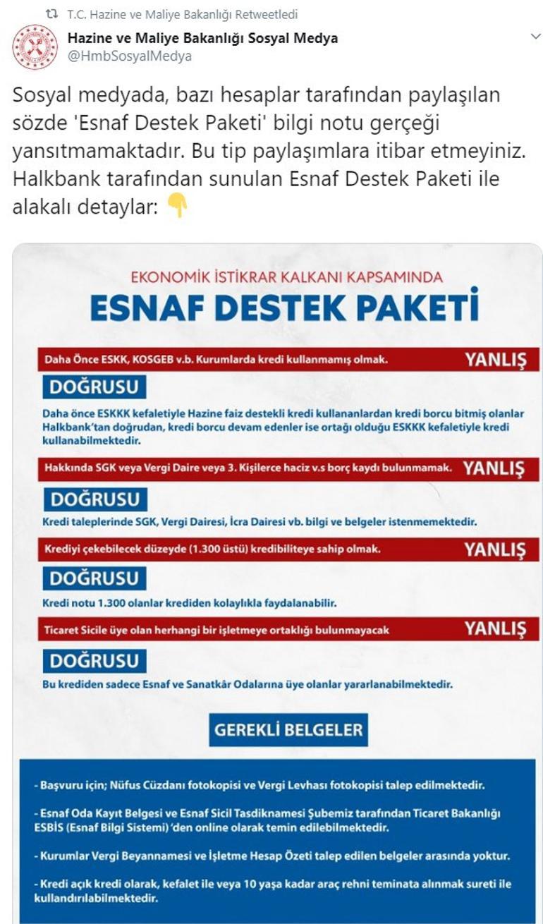 Hazine ve Maliye Bakanlığı'ndan Esnaf Destek Paketi açıklaması