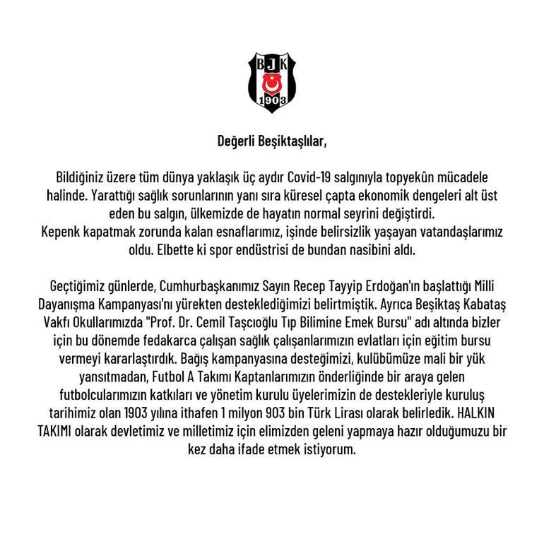 Beşiktaş'tan Milli Dayanışma Kampanyası'na destek