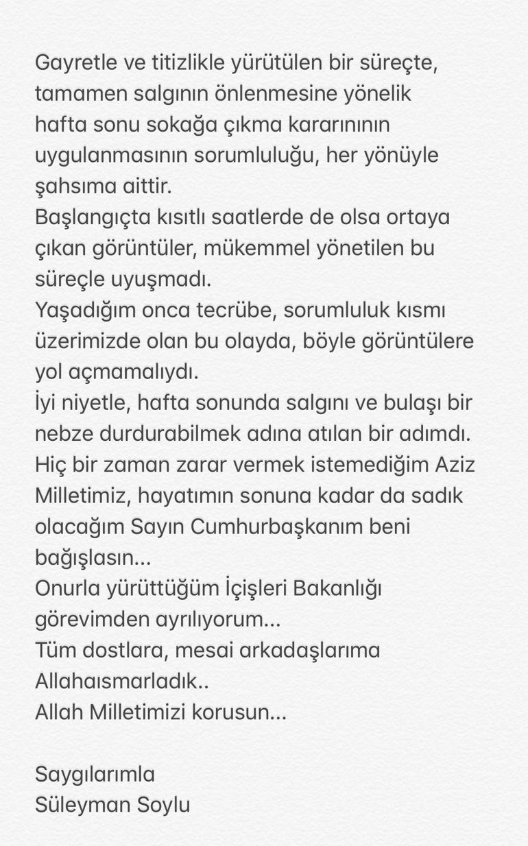 Son dakika haberi: İçişleri Bakanı Süleyman Soylu istifa etti İşte Soylunun açıklamasının tam metni
