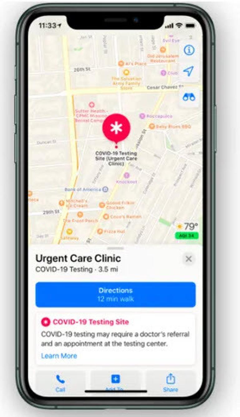 Apple Haritalar, koronavirüs testi yapılan merkezleri gösterecek