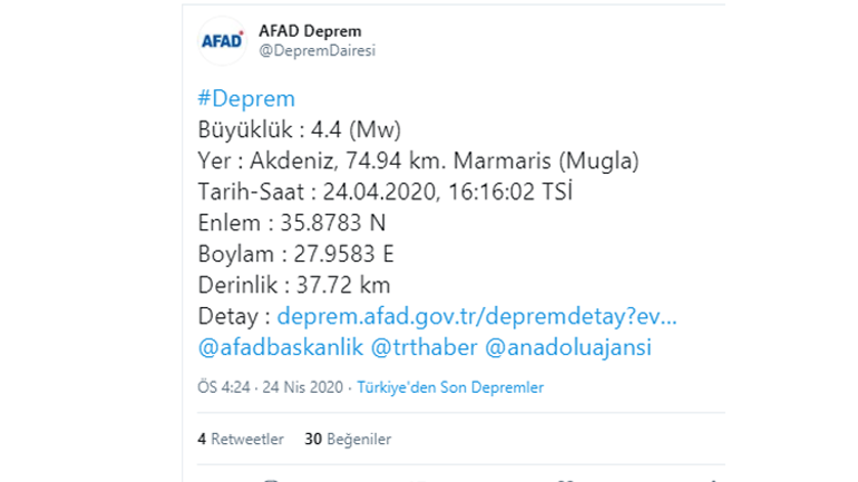 Son dakika haberler: Akdenizde 4.4 büyüklüğünde deprem