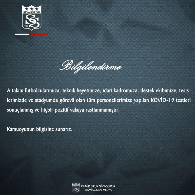 Son Dakika | Sivasspor'dan koronavirüs testi açıklaması!