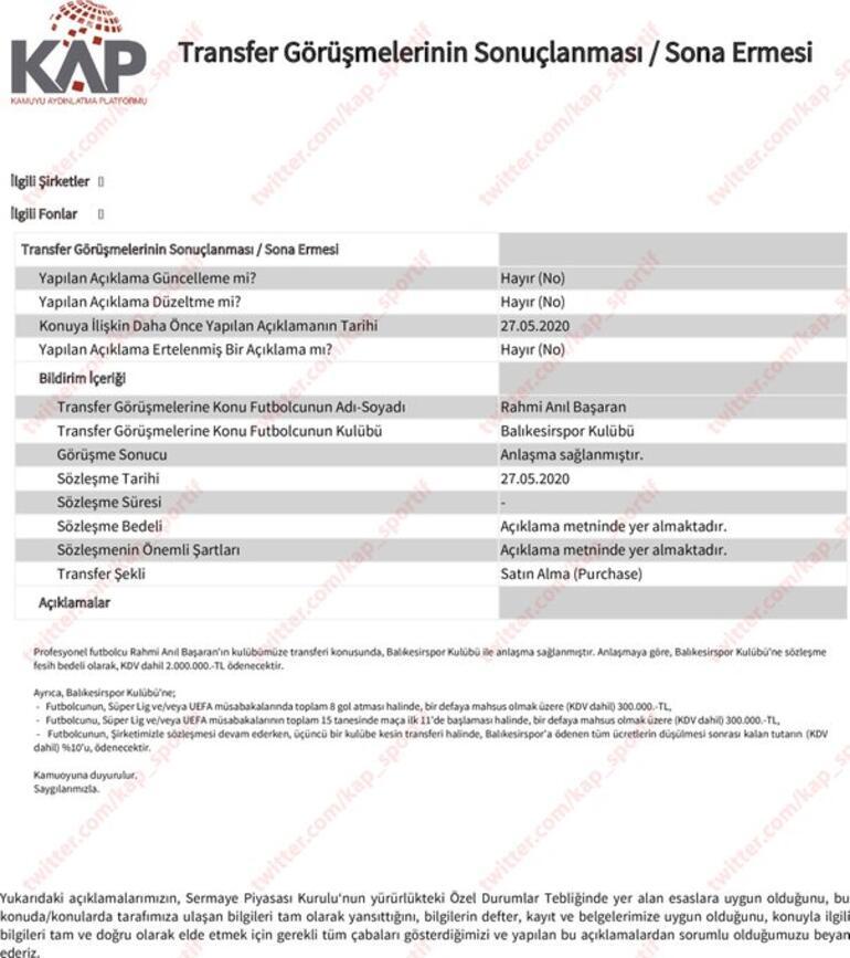 Son Dakika | Trabzonspor, Rahmi Anıl Başaran transferinin rakamlarını KAP'a bildirdi