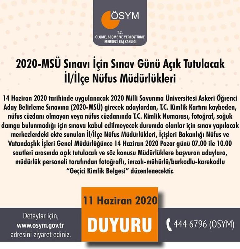 2020-MSÜ sınavı için sınav günü açık tutulacak İl/İlçe nüfus müdürlükleri.. İşte açık olacak nüfus müdürlüklerinin listesi