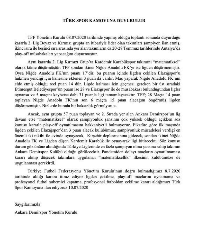 Son Dakika | Ankara Demirspor TFFnin aldığı karar sonrası ligden çekildi