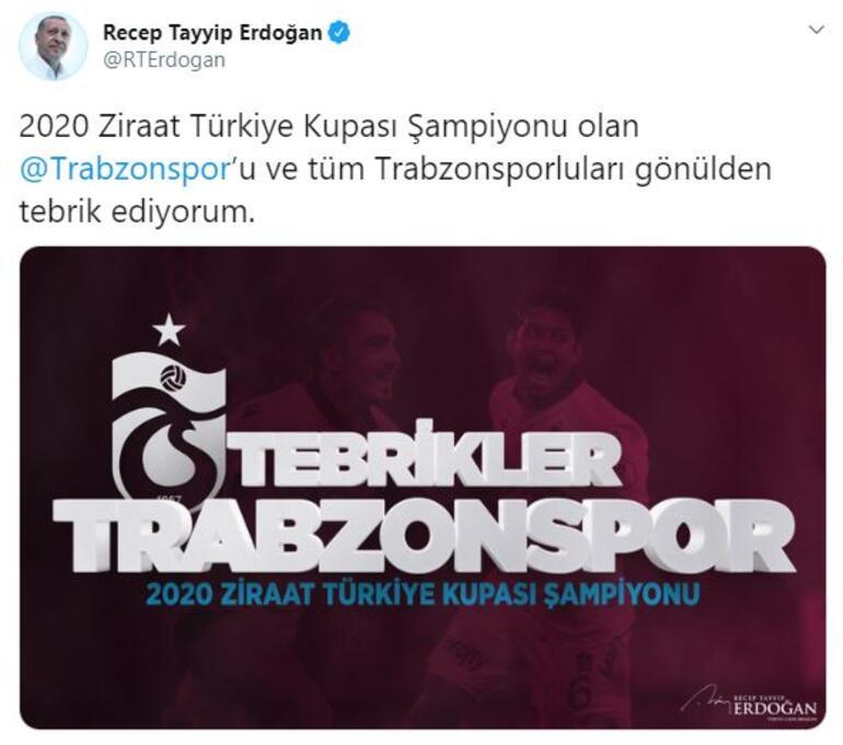 Son Dakika | Cumhurbaşkanı Erdoğan'dan Türkiye Kupası'nı kazanan Trabzonspor'a tebrik mesajı