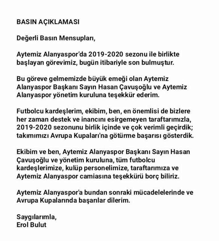 Son Dakika | Erol Bulut, Alanyaspor'dan ayrıldığını açıkladı