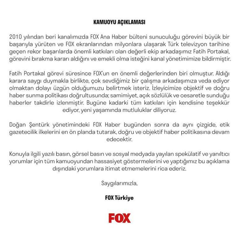 FOX TV ve Fatih Portakaldan açıklama geldi