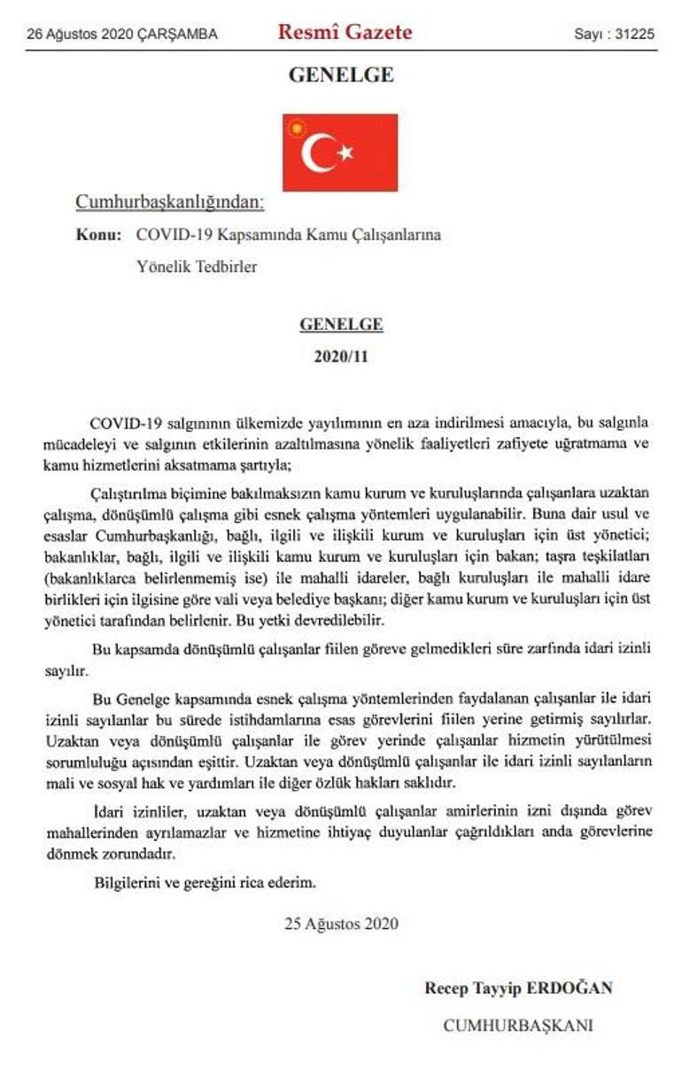 Son dakika haberi: Cumhurbaşkanlığı Genelgesi yayımlandı Kamuda esnek çalışma devam edecek