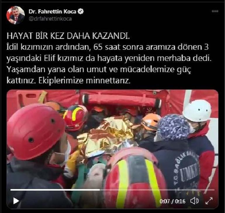 Önemli mesaj: Mucize.  3 yaşındaki Elif, 65 saat sonra enkazdan serbest bırakıldı.  Hastaneden ilk fotoğraf