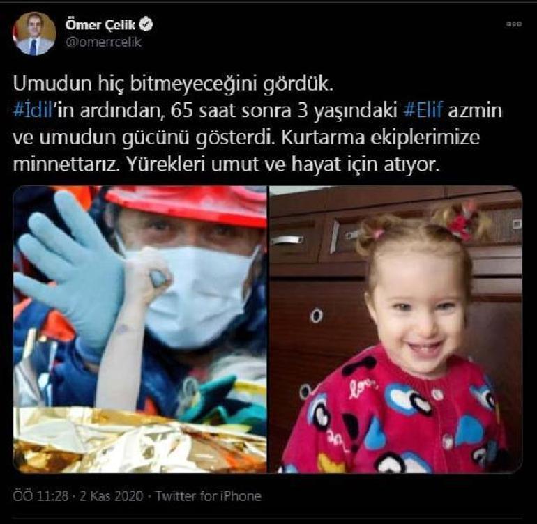 Önemli mesaj: Mucize.  3 yaşındaki Elif, 65 saat sonra enkazdan serbest bırakıldı.  Hastaneden ilk fotoğraf