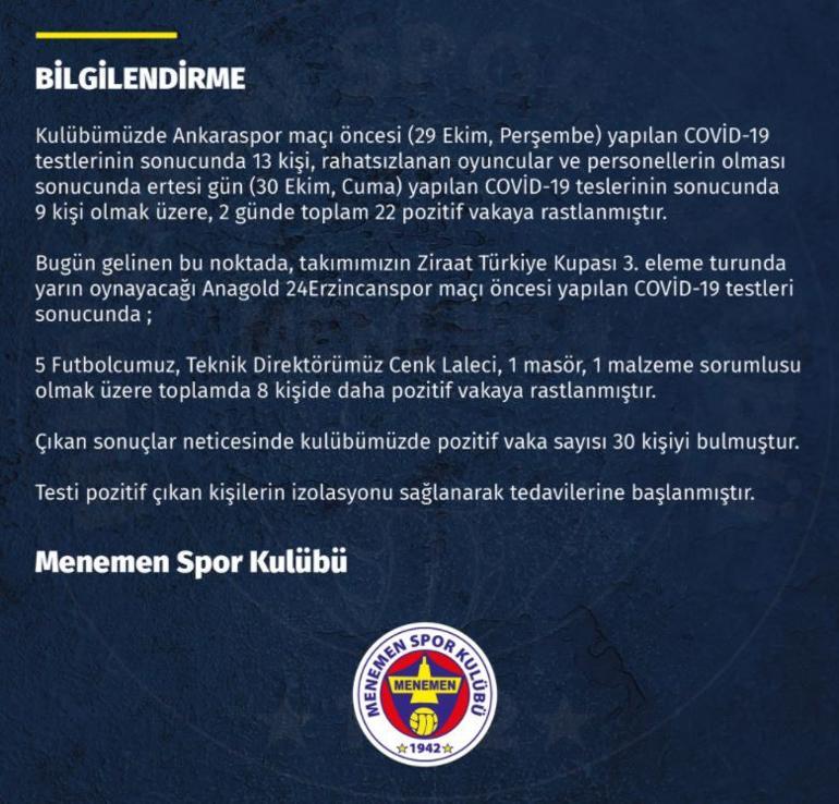 Son Dakika | Menemenspor, kulüpte 30 kişinin koronavirüse yakalandığını açıkladı!