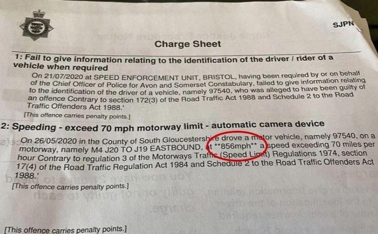 Stunned person who got 1377 kilometers speeding ticket in England